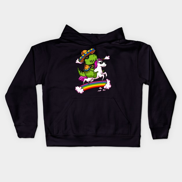 T-Rex Dinosaur Riding Unicorn Cinco de Mayo Kids Hoodie by underheaven